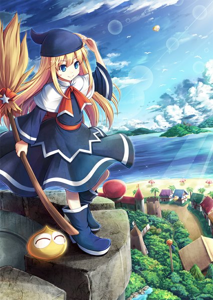 Anime picture 765x1080 with dragon quest puyopuyo slime (dragon quest) witch (puyopuyo) akashio (loli ace) single long hair tall image blue eyes blonde hair smile sky cloud (clouds) girl dress boots broom