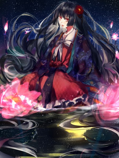 Anime picture 1200x1600 with touhou houraisan kaguya tian (my dear) single tall image looking at viewer fringe black hair hair between eyes red eyes sitting very long hair night reflection girl flower (flowers) water star (stars) water lily camellia (flower)