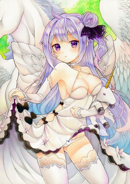 Anime picture 1000x1411 with azur lane unicorn (azur lane) amateras single long hair tall image looking at viewer blush fringe breasts light erotic smile large breasts standing purple eyes bare shoulders holding payot cleavage purple hair