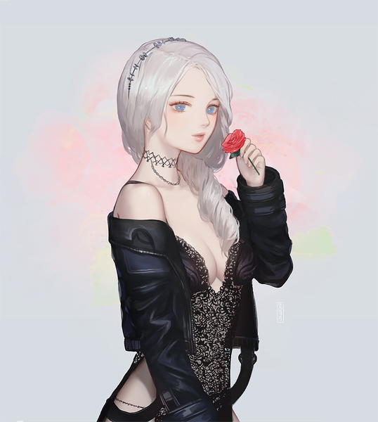 Anime picture 808x900 with original yueko (jiayue wu) single long hair tall image breasts blue eyes light erotic cleavage silver hair upper body off shoulder grey background open jacket girl flower (flowers) choker jacket rose (roses) headband