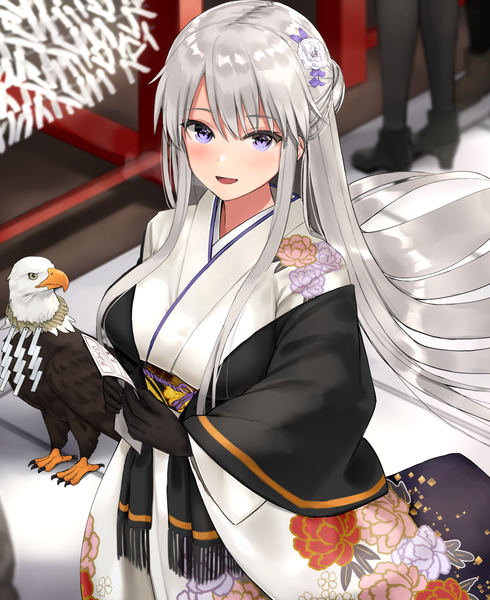 Anime picture 1100x1347 with azur lane enterprise (azur lane) kinokorec long hair tall image looking at viewer blush fringe breasts hair between eyes large breasts purple eyes holding payot silver hair outdoors long sleeves traditional clothes japanese clothes hair flower