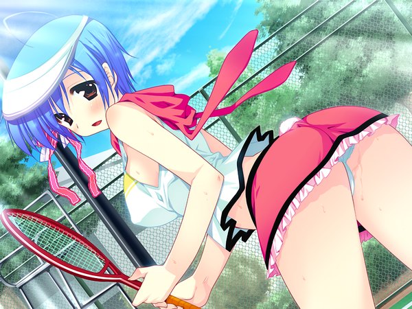 Anime picture 1024x768 with narikiri bakappuru! short hair light erotic red eyes blue hair game cg pantyshot girl skirt miniskirt tennis racket