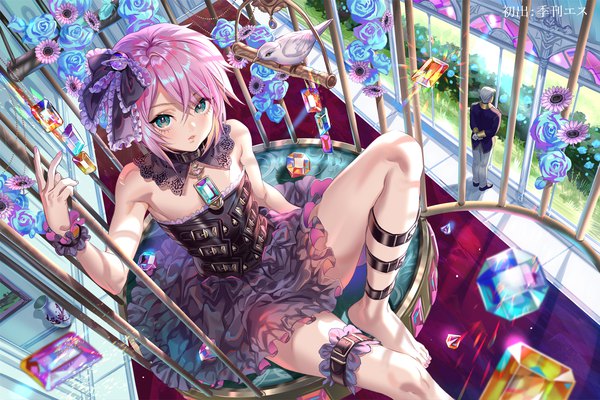 Anime picture 1800x1200 with original midori foo looking at viewer fringe highres short hair light erotic hair between eyes standing sitting bare shoulders pink hair silver hair full body bent knee (knees) indoors nail polish parted lips barefoot arm up