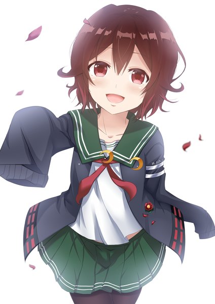 イラスト 2893x4092 と 艦隊これくしょん 睦月(艦これ) お冷 ソロ 長身像 カメラ目線 赤面 highres 短い髪 開いた口 simple background hair between eyes 赤い目 茶色の髪 白背景 long sleeves from above remodel (kantai collection) 女の子 制服