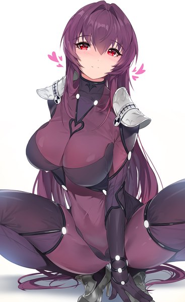 Anime picture 2376x3880 with fate (series) fate/grand order scathach (fate) (all) scathach (fate) damda single long hair tall image looking at viewer blush fringe highres breasts light erotic simple background smile hair between eyes red eyes large breasts white background
