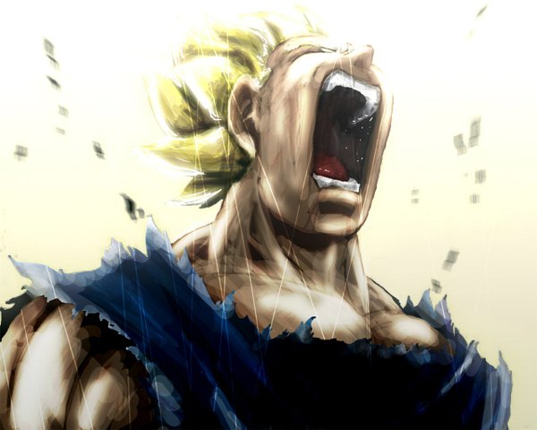 Anime picture 1280x1024 with dragon ball z vegeta tweekt single short hair open mouth blonde hair torn clothes muscle screaming boy