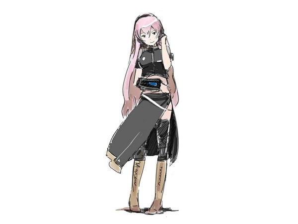 イラスト 1024x768 と ボーカロイド 巡音ルカ uki atsuya 長髪 ピンク髪 女の子 ストッキング ブーツ headset