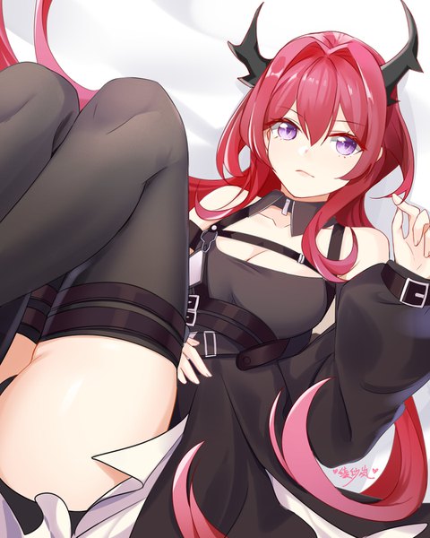 Anime picture 1200x1500 with arknights surtr (arknights) lingshalan single long hair tall image looking at viewer fringe breasts light erotic hair between eyes purple eyes signed payot bent knee (knees) ass red hair lying horn (horns) off shoulder