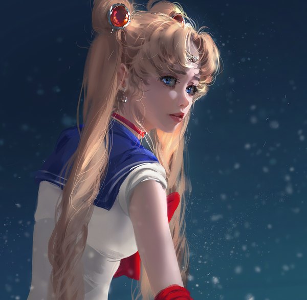 Anime picture 2400x2348 with bishoujo senshi sailor moon toei animation tsukino usagi sailor moon nixeu single long hair looking at viewer fringe highres blue eyes simple background blonde hair twintails upper body lips realistic hair bun (hair buns) turning head blue background