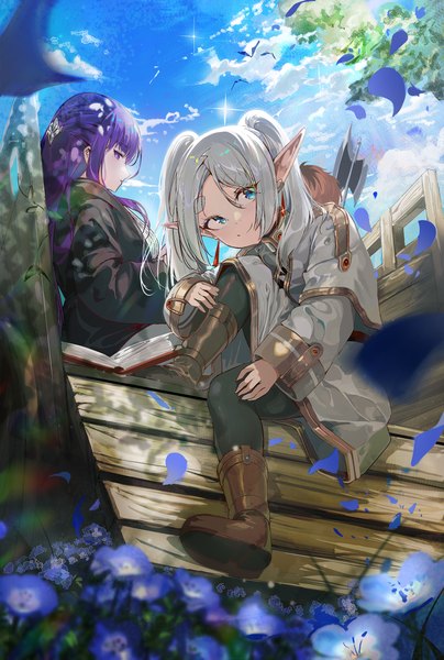 Anime picture 3000x4454 with sousou no frieren frieren fern (sousou no frieren) stark (sousou no frieren) buza006 long hair tall image looking at viewer highres blue eyes smile sitting purple eyes multiple girls sky silver hair purple hair cloud (clouds) outdoors profile
