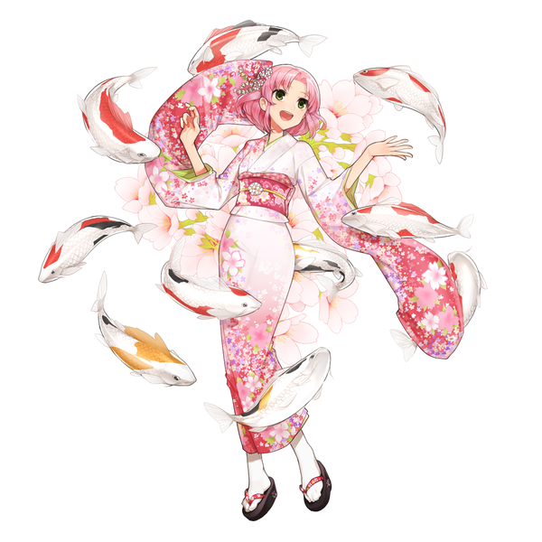 Anime picture 1200x1200 with aikatsu! kitaouji sakura hitoto single short hair open mouth white background green eyes pink hair traditional clothes japanese clothes girl flower (flowers) animal kimono fish (fishes)