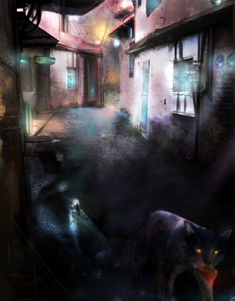 Anime picture 1800x2300 with original zhang xiao bo tall image highres yellow eyes mouth hold alley animal cat