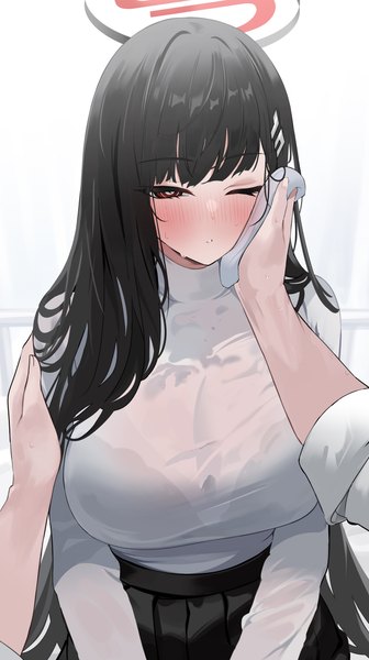 Anime picture 2180x3895 with blue archive rio (blue archive) yuki (asayuki101) long hair tall image looking at viewer blush fringe highres breasts light erotic black hair simple background red eyes large breasts white background sitting holding blunt bangs parted lips