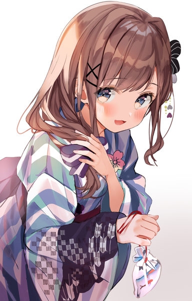 Anime picture 1334x2087 with virtual youtuber nijisanji suzuhara lulu kanda done single long hair tall image looking at viewer blush open mouth simple background brown hair upper body traditional clothes :d japanese clothes grey eyes gradient background official alternate costume low ponytail
