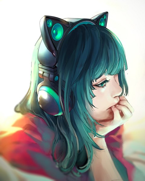 Anime picture 800x1000 with original axent wear headphones yuumei single long hair tall image fringe looking away aqua eyes aqua hair finger to mouth light close-up girl headphones cat ear headphones