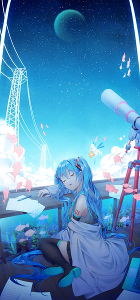 Anime picture 900x1926 with vocaloid hatsune miku ji dao ji long hair tall image fringe open mouth hair between eyes sitting twintails eyes closed aqua hair off shoulder night tattoo night sky solo focus sleeping fantasy crescent