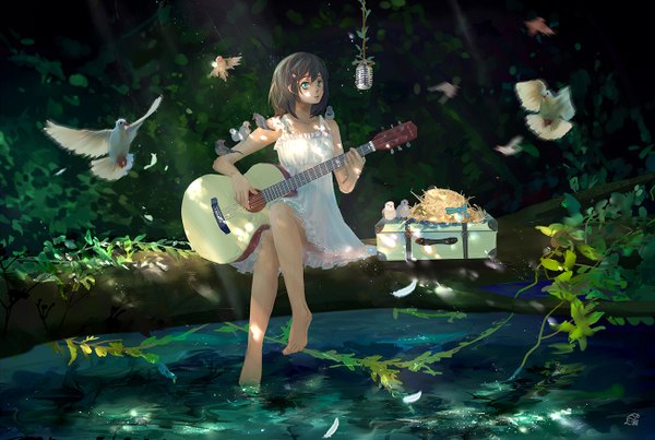 Anime picture 1300x874 with original mikan (artist) looking at viewer short hair blue eyes smile brown hair sitting bare shoulders bent knee (knees) sunlight bare legs flying playing instrument game girl dress plant (plants) hat animal