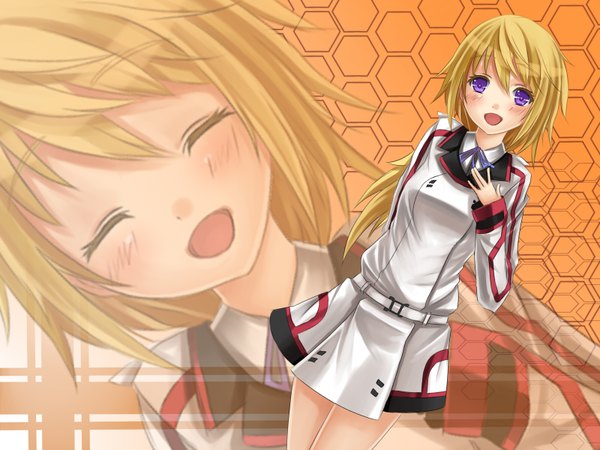 Anime picture 1600x1200 with infinite stratos 8bit charles dunois reio reio single long hair blush open mouth simple background blonde hair purple eyes eyes closed girl uniform