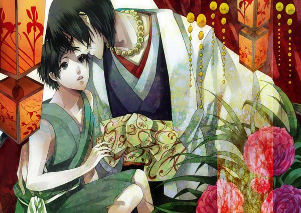 Anime picture 5787x4093 with original rokamo highres short hair black hair absurdres traditional clothes japanese clothes black eyes couple shounen ai boy flower (flowers) necklace lantern chinese lantern