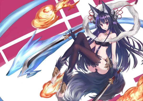 Anime picture 1400x986 with granblue fantasy yuel (granblue fantasy) echj single long hair looking at viewer blush fringe light erotic black hair hair between eyes red eyes sitting bare shoulders holding animal ears cleavage full body bent knee (knees) ass