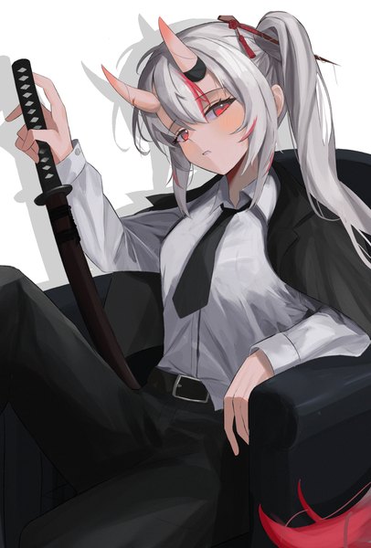 Anime-Bild 1950x2881 mit virtual youtuber hololive nakiri ayame hoangryu single long hair tall image looking at viewer fringe highres simple background hair between eyes red eyes white background sitting silver hair horn (horns) shadow side ponytail clothes on shoulders