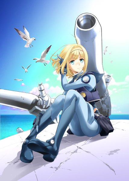 Anime picture 900x1260 with heavy object j.c. staff milinda brantini saitou sakae single tall image fringe short hair blue eyes blonde hair smile sitting looking away sky cloud (clouds) outdoors ass light smile wind official art