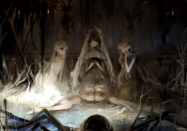 Anime picture 1000x704 with original asahiro long hair looking at viewer black hair smile brown hair sitting bare shoulders multiple girls looking away bent knee (knees) white hair eyes closed one eye closed barefoot wink bare legs no shoes wariza