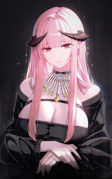 Anime picture 2212x3508 with original mona lisa leria v single long hair tall image looking at viewer fringe highres breasts light erotic simple background red eyes large breasts pink hair cleavage upper body blunt bangs long sleeves nail polish
