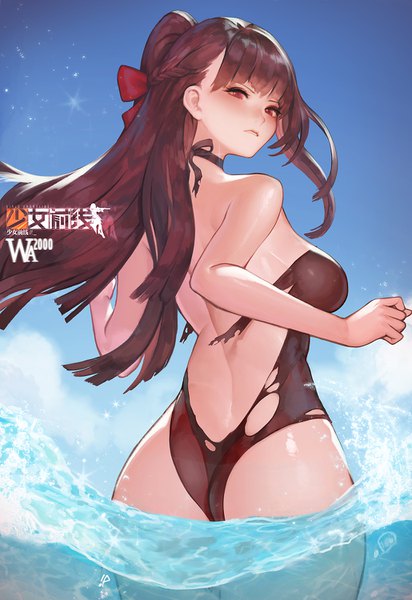 Anime picture 1030x1500 with girls frontline wa2000 (girls frontline) instant-ip single long hair tall image looking at viewer blush breasts light erotic red eyes brown hair bare shoulders ass braid (braids) looking back copyright name character names partially submerged torn clothes