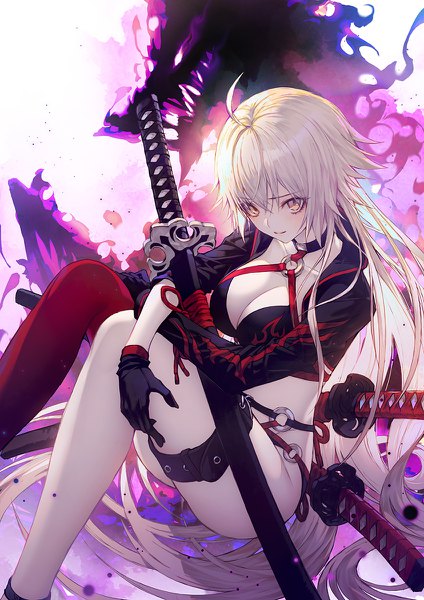 Anime picture 848x1200 with fate (series) fate/grand order jeanne d'arc (fate) (all) jeanne d'arc alter (fate) jeanne d'arc alter (swimsuit berserker) (fate) wanke single long hair tall image looking at viewer blush fringe breasts light erotic smile hair between eyes sitting yellow eyes cleavage silver hair