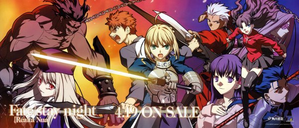 Anime picture 2797x1200 with fate (series) fate/stay night studio deen type-moon artoria pendragon (all) saber toosaka rin matou sakura illyasviel von einzbern rider archer (fate) emiya shirou cu chulainn (fate) cu chulainn (fate/stay night) berserker highres wide image