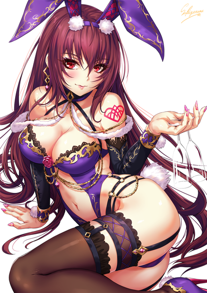 Anime picture 1000x1414 with fate (series) fate/grand order scathach (fate) (all) scathach (fate) sakiyamama single long hair tall image looking at viewer blush fringe breasts light erotic simple background hair between eyes red eyes large breasts white background sitting bare shoulders