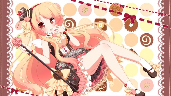 Anime picture 1664x936 with original ringo yuyu single long hair looking at viewer blush blonde hair red eyes wide image legs girl dress flower (flowers) hat headdress tongue cane