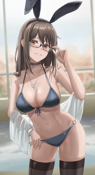 Anime picture 2000x3665 with original yj single long hair tall image looking at viewer blush fringe highres breasts light erotic smile hair between eyes brown hair large breasts standing brown eyes animal ears payot cleavage