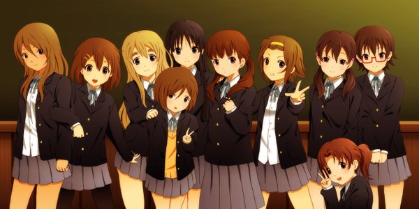 Anime picture 1300x650 with k-on! kyoto animation akiyama mio hirasawa yui kotobuki tsumugi tainaka ritsu manabe nodoka tachibana himeko kinoshita shizuka taki eri shian (my lonly life.) long hair looking at viewer short hair black hair blonde hair brown hair wide image standing twintails