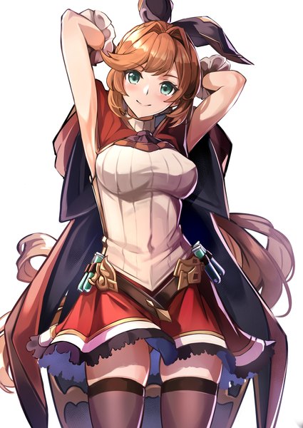 Anime picture 1254x1771 with granblue fantasy clarisse (granblue fantasy) alisia0812 single long hair tall image looking at viewer light erotic simple background smile brown hair standing white background head tilt aqua eyes ass visible through thighs arms behind head girl thighhighs black thighhighs