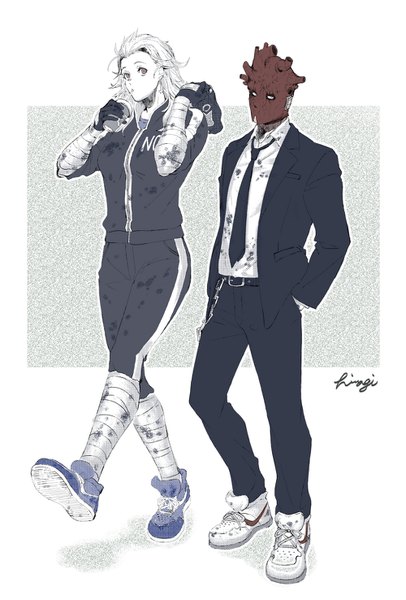 Anime picture 1000x1476 with dorohedoro mappa nike noi (dorohedoro) shin (dorohedoro) kibou long hair tall image looking at viewer signed full body walking hands in pockets drinking spot color girl boy necktie shoes mask