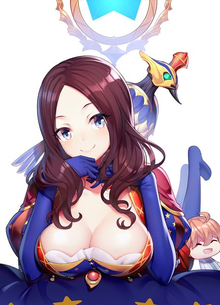 Anime picture 866x1200 with fate (series) fate/grand order leonardo da vinci (fate) romani akiman ririko (zhuoyandesailaer) single long hair tall image looking at viewer fringe breasts blue eyes light erotic simple background smile large breasts white background lying head tilt puffy sleeves