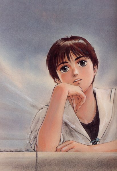 Anime picture 1280x1865 with kidou keisatsu patlabor studio deen izumi noa takada akemi single tall image short hair brown hair arm support grey eyes girl