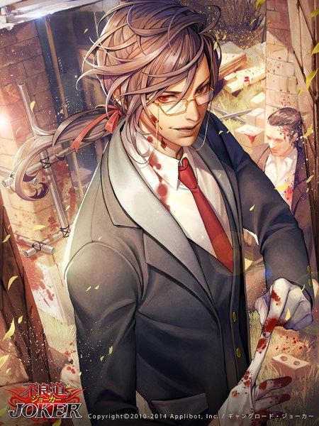 Anime picture 1000x1333 with joker ~gang road~ original soo kyung oh single long hair tall image fringe open mouth red eyes brown hair standing outdoors wind lips piercing eyebrows death boy gloves ribbon (ribbons)