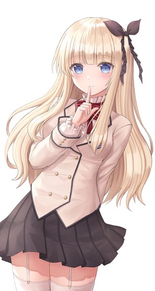 Anime picture 999x1869 with kishuku gakkou no juliet lidenfilms juliet persia seungju lee single long hair tall image blush blue eyes simple background blonde hair white background pleated skirt finger to mouth arm behind back girl thighhighs skirt uniform ribbon (ribbons)