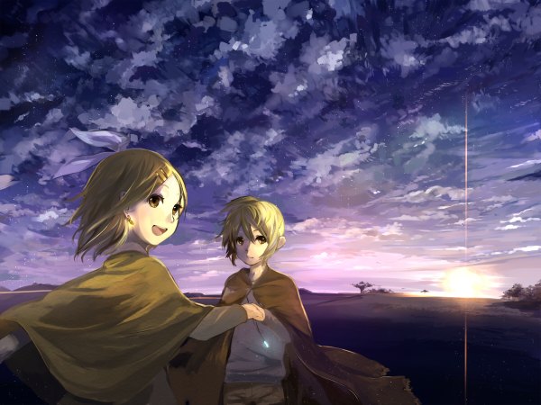 Anime picture 1200x900 with vocaloid kagamine rin kagamine len ume (plumblossom) blonde hair brown eyes sky cloud (clouds) looking back sunlight couple torn clothes evening sunset scenic girl boy bow hair bow earrings