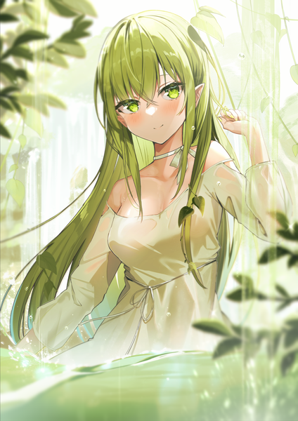 Anime picture 2000x2830 with original felnemo3 single long hair tall image looking at viewer blush fringe highres breasts light erotic smile hair between eyes standing bare shoulders green eyes payot cleavage outdoors nail polish