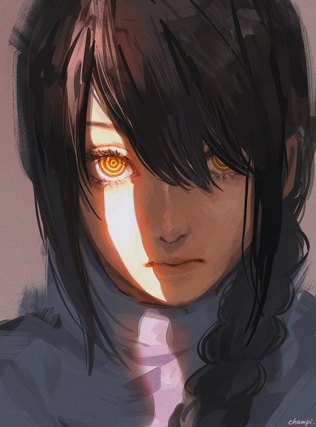 Anime picture 1333x1802 with chainsaw man mappa nayuta (chainsaw man) champi single long hair tall image looking at viewer fringe black hair yellow eyes upper body braid (braids) hair over one eye single braid shaded face expressionless girl