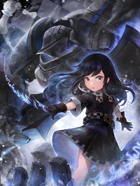 Anime-Bild 3000x4000 mit original crystalherb single long hair tall image looking at viewer fringe highres open mouth black hair standing aqua eyes :o short sleeves floating hair magic lolita fashion glow goth-loli girl