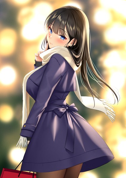 Anime picture 2894x4093 with original re:shimashima single long hair tall image blush fringe highres breasts blue eyes black hair large breasts standing outdoors long sleeves head tilt looking back wind blurry lens flare