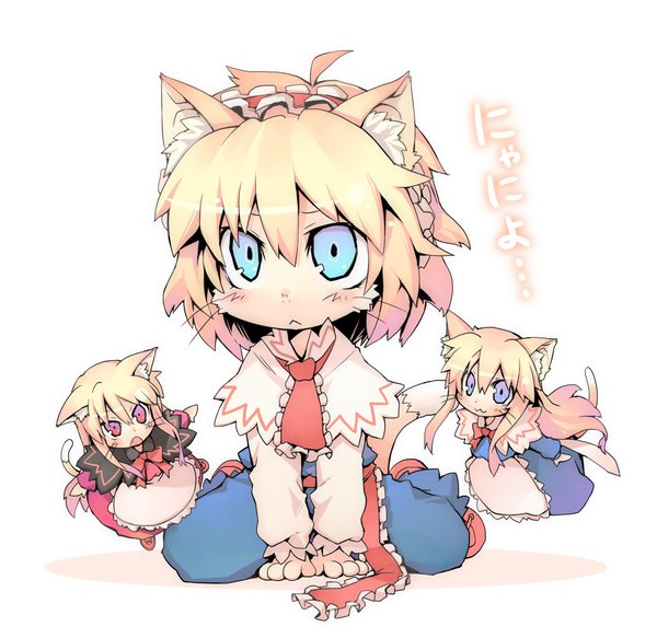 Anime picture 1119x1088 with touhou alice margatroid shanghai hourai morino hon single looking at viewer short hair blue eyes simple background blonde hair red eyes white background animal ears tail animal tail cat ears cat girl cat tail :3