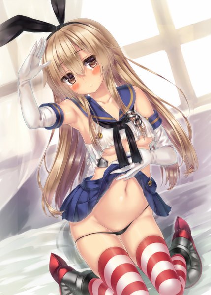 Anime picture 1880x2630 with kantai collection shimakaze destroyer wataru (zazazazazazawa) single long hair tall image looking at viewer blush highres breasts light erotic blonde hair brown eyes armpit (armpits) zettai ryouiki kneeling torn clothes underboob skirt lift salute