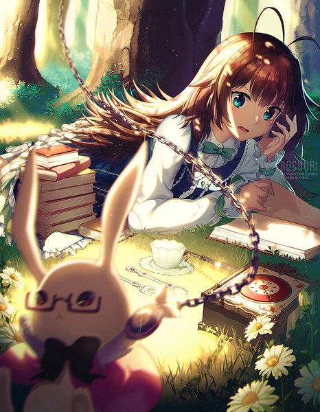 Anime picture 800x1029 with alice in wonderland alice (wonderland) white rabbit rosuuri single long hair tall image blush fringe red eyes brown hair holding signed looking away ahoge lying parted lips aqua eyes sunlight blurry
