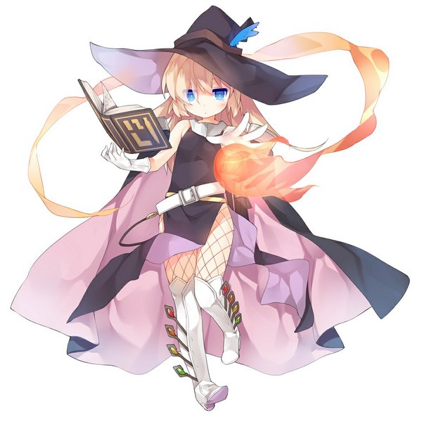 Anime picture 1000x1000 with original saru (longbb) single long hair looking at viewer blush blue eyes light erotic simple background blonde hair white background sleeveless magic witch girl dress gloves hat pantyhose boots